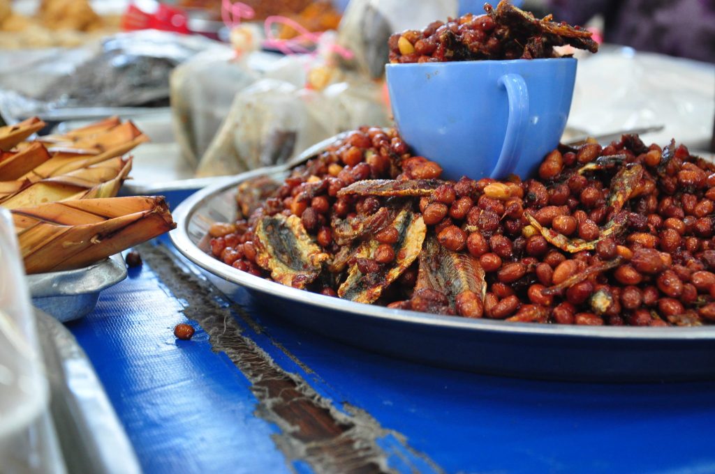 Anchovies cooked with peanuts and chilli, a popular traditional Bruneian snack.