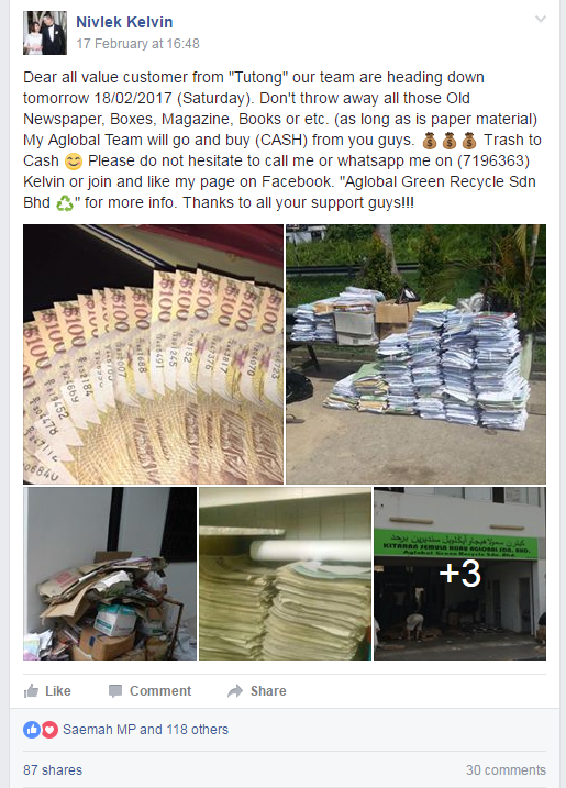A screenshot of a recent post by the assistant manager of A Global Green Recycle Kelvin Bong.