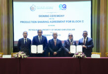 EnQuest secures Brunei’s offshore Block C, targets first gas by 2029 A signing ceremony for the production sharing agreement was held at The Empire on July 16. Minister at PMO and Minister of Defence II, Pehin Dato Hj Halbi (centre), was the guest of honour. PA was represented by board member and MoD Permanent Secretary Dr Nor Imtihan (second right), and MD Shamir (right). EnQuest was represented by GM for Southeast Asia Ahmed Radzif (second left) and Commercial Manager for Malaysia Hafeiz (left).