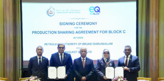 EnQuest secures Brunei’s offshore Block C, targets first gas by 2029 A signing ceremony for the production sharing agreement was held at The Empire on July 16. Minister at PMO and Minister of Defence II, Pehin Dato Hj Halbi (centre), was the guest of honour. PA was represented by board member and MoD Permanent Secretary Dr Nor Imtihan (second right), and MD Shamir (right). EnQuest was represented by GM for Southeast Asia Ahmed Radzif (second left) and Commercial Manager for Malaysia Hafeiz (left).