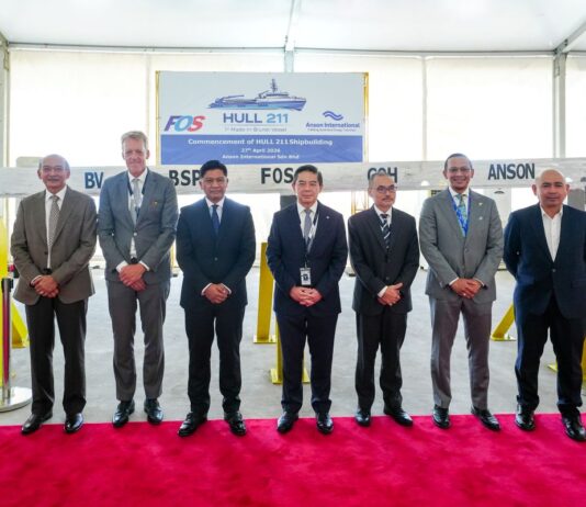 Brunei begins industrial shipbuilding at Anson Group photo of Anson International, government and industry representatives at the Hull 211 shipbuilding commencement ceremony at Pulau Muara Besar.